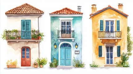 Fototapeta premium Watercolor illustration of charming colorful houses with balconies and plants on a white background