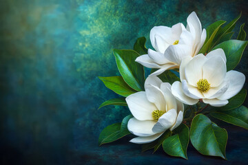 Elegant White Magnolia Flowers Against a Textured Teal Background for Nature Lovers