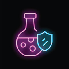 Neon icon of a chemical flask with bubbles inside, protected by a shield, representing a secure experiment in a lab