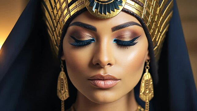 Portrait of a woman in traditional Egyptian queen attire with gold details and dramatic makeup
