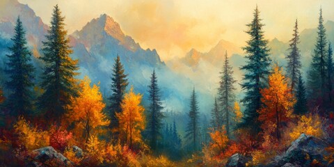 Majestic pine trees tower in the vibrant autumn forest, showcasing the beauty of pine trees amidst colorful foliage in this serene autumn scene filled with powerful nature.