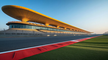 Low angle view of F1 Formula One racetrack grandstand background