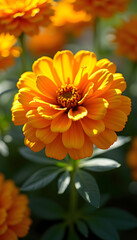 Fototapeta premium Vibrant orange marigold flower blooming in a sunny garden with lush green leaves