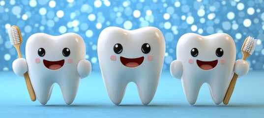 Obraz premium Smiling Healthy Teeth With Thumbs Up and Toothbrushes, 3D Render, Dental Care Concept