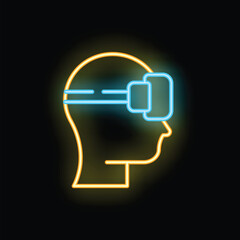 Neon glowing icon of a human head wearing a virtual reality headset, representing the concept of immersive technology