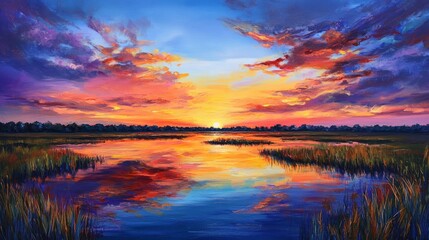 Obraz premium Stunning sunset in a vast savannah landscape, showcasing vibrant colors reflected in tranquil water. This captivating sunset highlights the beauty of nature in the savannah.
