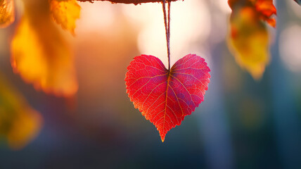 Obraz premium Heart-Shaped Red Leaf Hanging from Tree Branch in Warm Sunset Glow