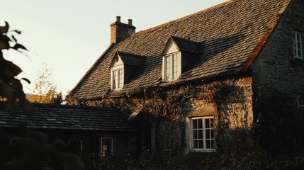 Golden hour sunlight on a stone cottage with ivy.