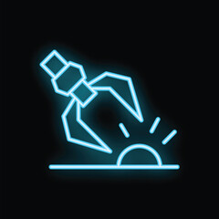 Neon sign of a robotic arm holding a setting sun over a horizon line, symbolizing technology's influence on nature