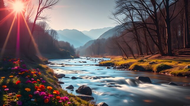 Spring Forest Mountain River in Sunlight