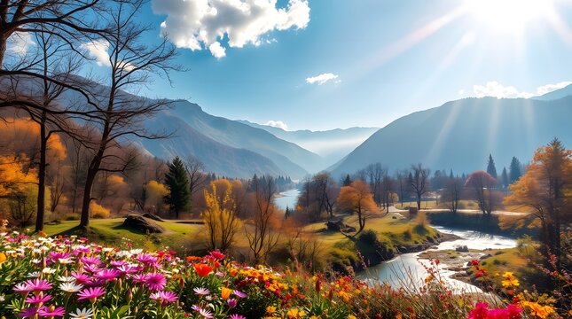 Spring Forest Mountain River in Sunlight