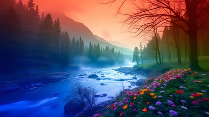 Spring Forest Mountain River in Sunlight