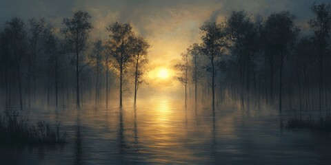 Fototapeta premium Potamology, The enchanting scene of a river at dawn, where the sun rises above the horizon, illuminating the tops of trees in a flooded forest, while fog gracefully glides over the water in