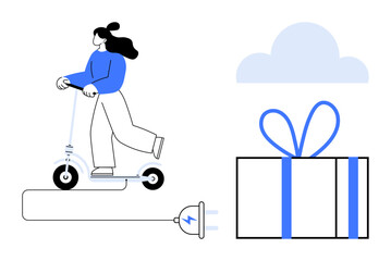 Woman riding an electric scooter, trailing a plugged-in power cord, gift box with ribbon, cloud in the background. Ideal for eco-friendly transport, gift ideas, sustainability, technology, lifestyle