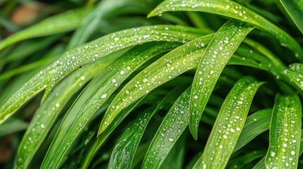 Dew drops on vibrant green leaves.