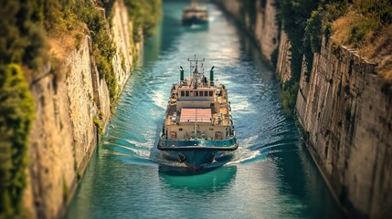 Obraz premium Cargo ship navigating a narrow canal. (1)