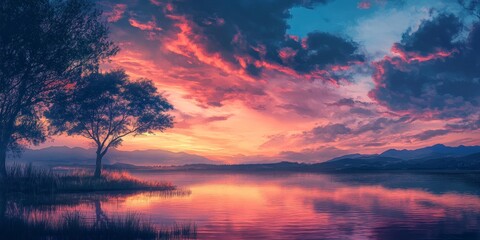 Fototapeta premium Nature showcases a stunning sky background filled with beautiful colors, creating a mesmerizing scene that highlights the harmony of nature and its vibrant sky background. Enjoy this beautiful color