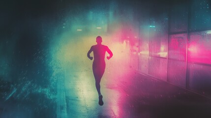 Fototapeta premium Silhouette of runner in neon-lit alley.