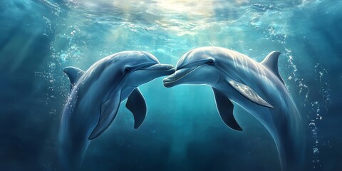 Naklejka premium Two dolphins share a tender moment in the water, showcasing love and affection. This beautiful display of love between dolphins captures their bond in a captivating underwater scene.