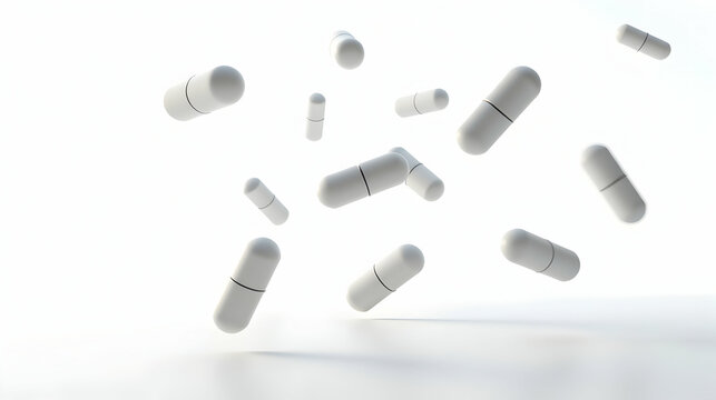 White capsules falling gracefully against a stark white backdrop. A minimalist medical or pharmaceutical image.
