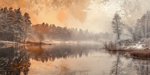 Obraz premium Winter scene at a serene lake under a cloudy sky, showcasing the tranquil beauty of the water and nature as the orange hues reflect in the winter landscape surrounding the lake.