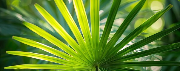 photo background with a large palm leaf and space for text.