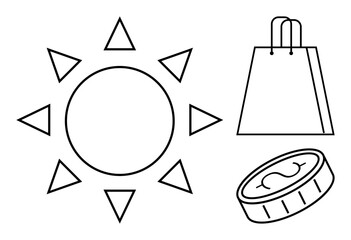 Sun with eight triangular rays, shopping bag with handles, and coin with money sign. Ideal for retail, finance, budgeting, ecommerce, summer sales savings and business. Line metaphor