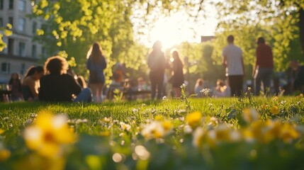 Group of young adults enjoying a sunny day in a city park