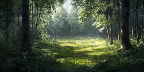 Fototapeta premium Spacious clearing in the forest creates a serene atmosphere, inviting exploration and connection with nature. This large clearing in the forest serves as a perfect spot for relaxation and discovery.