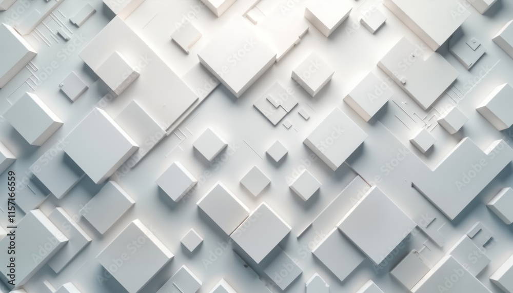 Poster Abstract modern tech background design featuring white squares in random geometric pattern. Clean lines, shapes create visually interesting layout. Suitable for presentations, websites, banners.