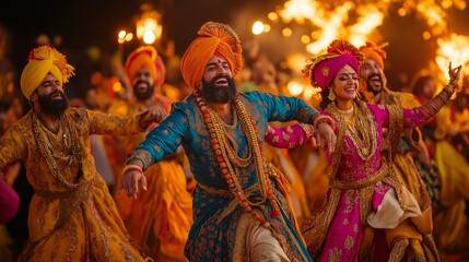 Group of men and women in traditional Punjabi attire dancing joyfully during Lohri festival