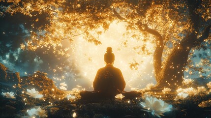 Obraz premium Woman meditating under glowing tree.