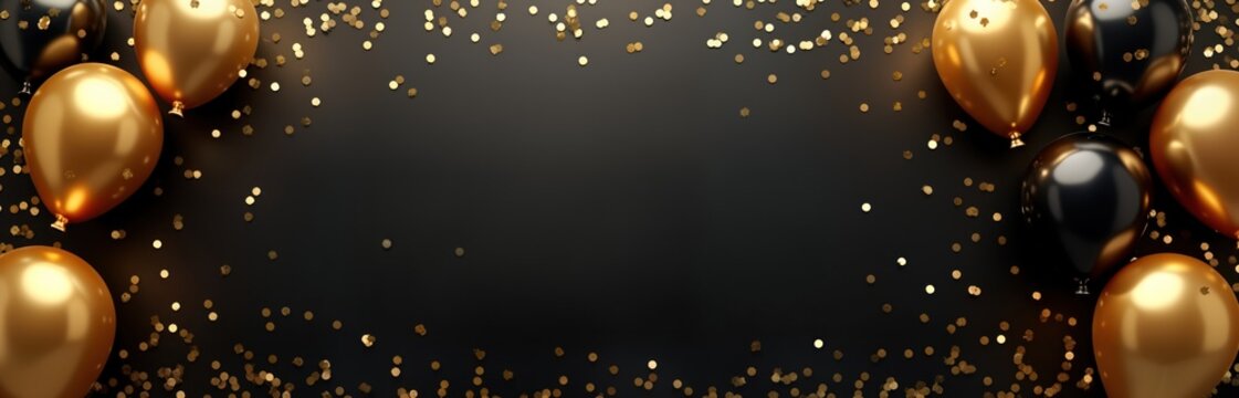 Gold, black balloons with gold confetti on black background. Festive celebration backdrop. Ideal for birthday party invitation anniversary card. Great design for event promotion. Stylish party