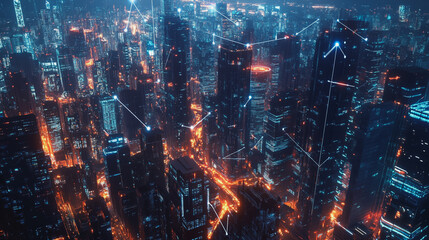 Fototapeta premium Smart digital Innovation city with connection network reciprocity over the cityscape. of future smart wireless digital city and social media networking systems that connects people with in city