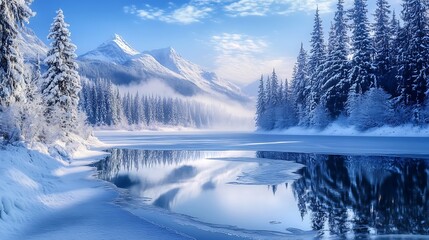 A serene winter scene with a frozen lake, surrounded by snow-covered trees and mountains in the distance