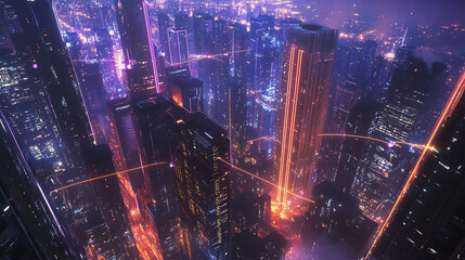 Fototapeta premium Smart digital Innovation city with connection network reciprocity over the cityscape. of future smart wireless digital city and social media networking systems that connects people with in city