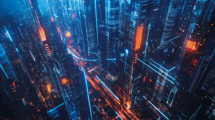 Fototapeta premium Smart digital Innovation city with connection network reciprocity over the cityscape. of future smart wireless digital city and social media networking systems that connects people with in city