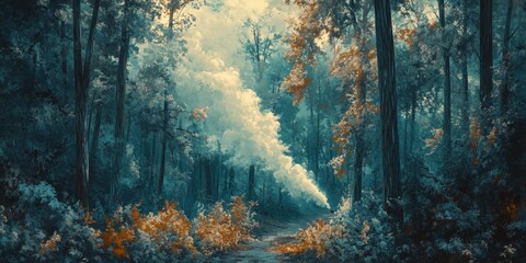 Smoke gracefully ascends amidst the trees in a tranquil forest, enhancing the serene atmosphere of this peaceful setting. The smoke contributes to the overall calmness of the forest scene.