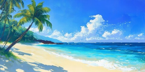 A tropical beach setting featuring a vibrant blue sky above and a clear ocean below creates a picturesque scene of beach paradise.