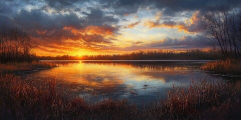 Dramatic and colorful sunset over a serene lake, featuring a cloudy sky that enhances the epic beauty of the scene, perfect for capturing the essence of a vibrant sunset over a tranquil lake.