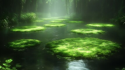 Obraz premium Serene Green Mossy River Islands In A Dark Forest