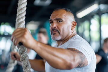 Obraz premium A focused man in a gym setting intensely engages with a thick rope, showcasing determination and strength through a challenging workout as others exercise in the background.