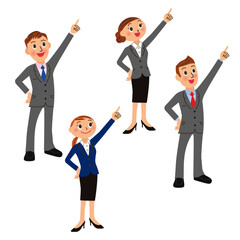 腕を上げて指差しで上を見上げる会社員達