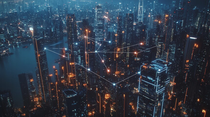 Fototapeta premium Smart digital Innovation city with connection network reciprocity over the cityscape. of future smart wireless digital city and social media networking systems that connects people with in city