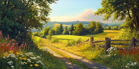 Obraz premium Vibrant summer landscape showcasing the beauty of nature in a countryside setting. This summer landscape captures the essence of outdoor life and the allure of scenic views.
