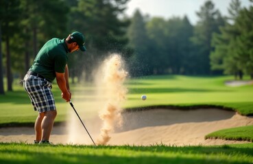 Man plays golf in sunny day. Golfer hits ball in sand bunker. Sand flying up. Golf course with green grass, trees in background. Active lifestyle outdoor sport. Man in casual clothes with golf club.