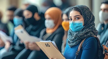 A diverse group of students, wearing masks and holding papers, are sitting in an office meeting room during the daytime with white walls