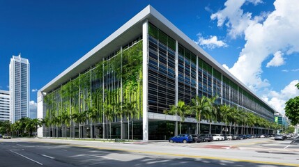 Naklejka premium Sleek and Sustainable Modern Office Building with Greenery Facade Towering in the Urban Cityscape