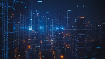 Obraz premium Smart digital Innovation city with connection network reciprocity over the cityscape. of future smart wireless digital city and social media networking systems that connects people with in city