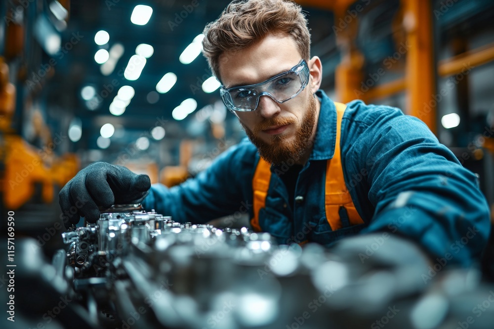 Aufkleber an industrial worker in a bustling factory environment, diligently focusing on a machine while weari